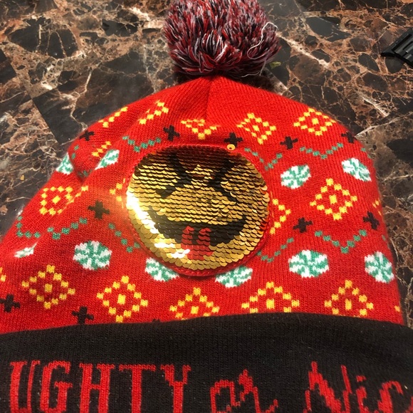 Naughty or Nice Reverse Sequin Smiley Emoji Holiday Beanie Pom Pom Hat One Size - Picture 14 of 16